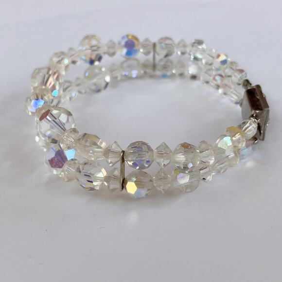 VTG Mid Century AB Crystal Double Strand Bracelet with Filigree Clasp 1950s - Picture 7 of 12